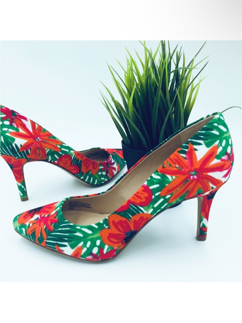 INC International Concepts Green Floral Pointed Toe Heels with Orange Accents